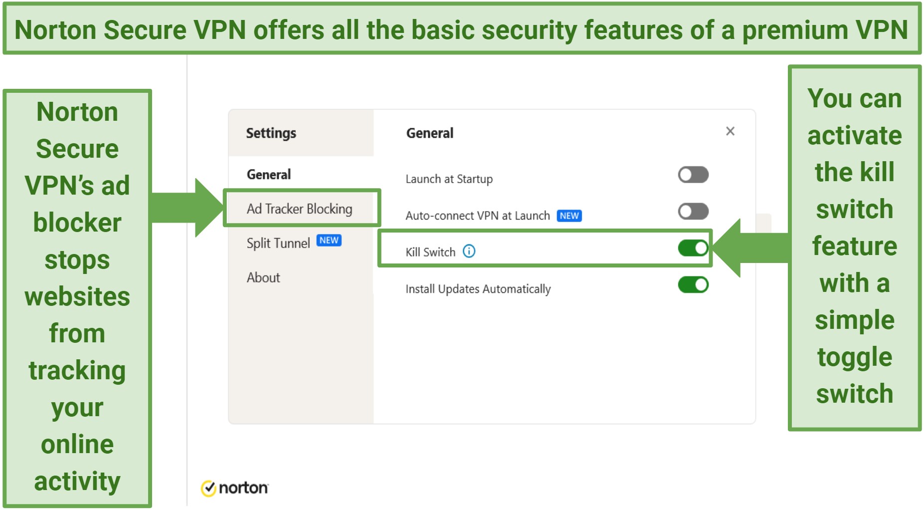 Screenshot of Norton Secure VPN's features showing its security features, like kill switch and ad blocker