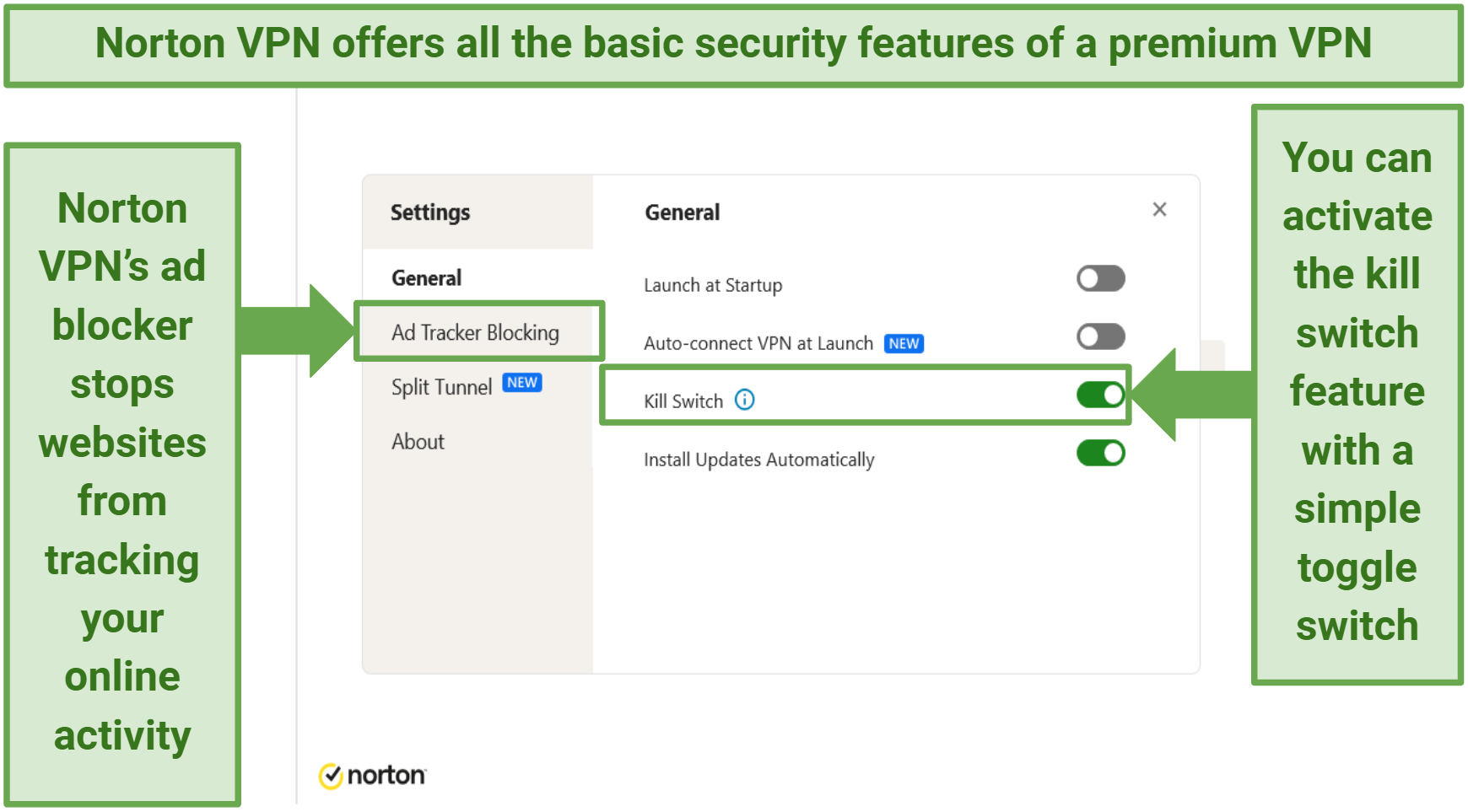 Screenshot of Norton VPN's features showing its security features, like kill switch and ad blocker