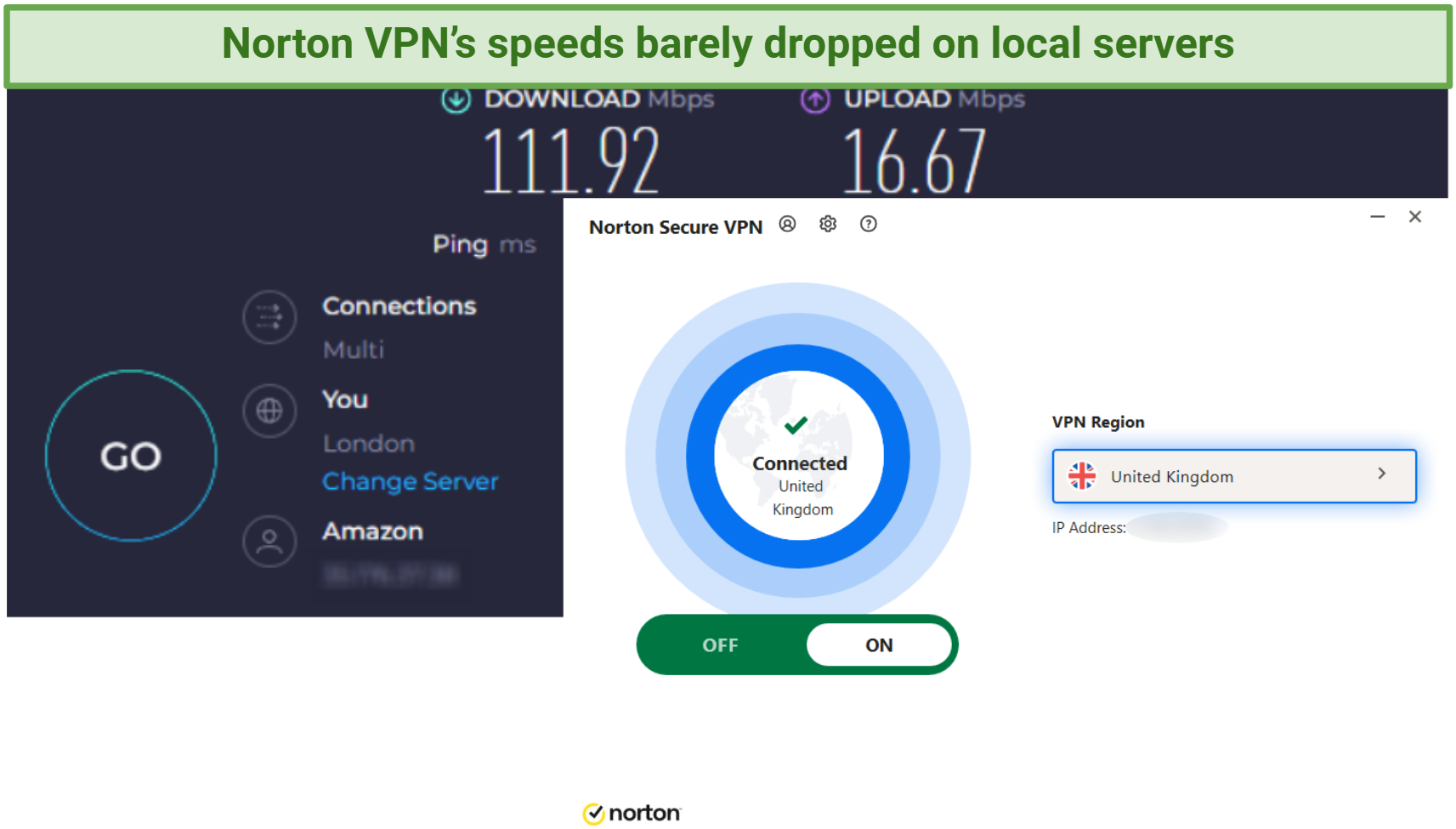 Screenshot of Ookla speed test recording Norton VPN's speeds on the nearby UK server