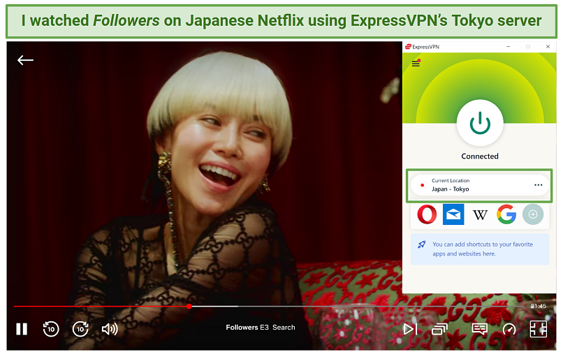 Screenshot of ExpressVPN unblocking Japanese Netflix