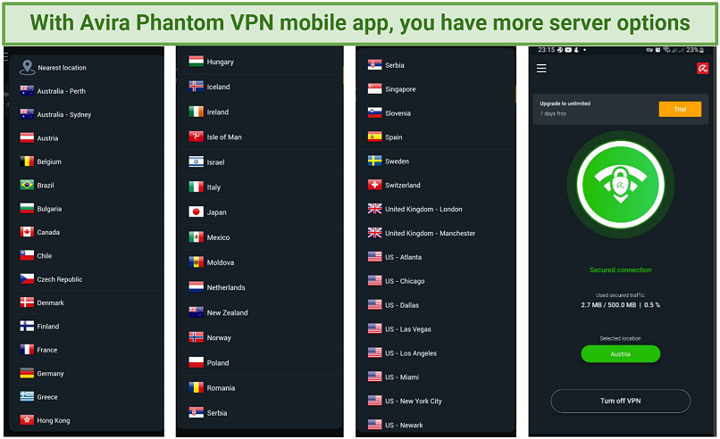 A screenshot showing a list of servers on Avira Phantom VPN Android mobile app