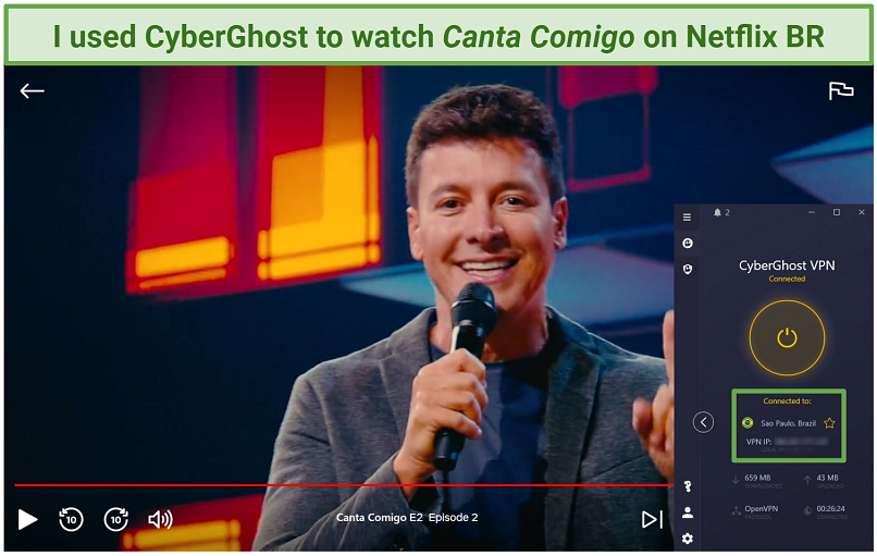 Screenshot showing Canta Comigo playing on Netflix Brazil with CyberGhost connected to Sao Paulo server