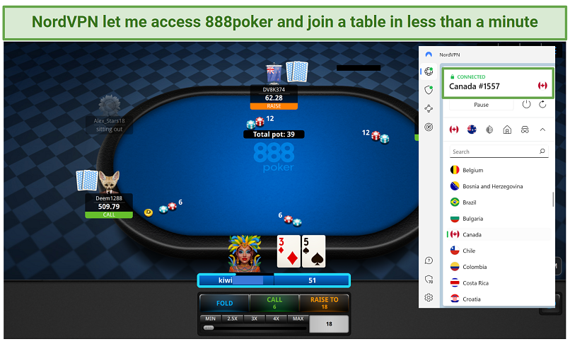 Screenshot of NordVPN's Canadian servers unblocking 888Poker