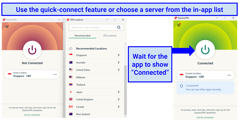 Screenshot of connecting to a VPN server using ExpressVPN
