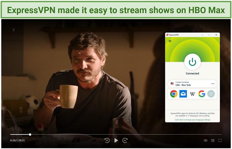 Streaming The Last of Us on HBO while connected to ExpressVPN.