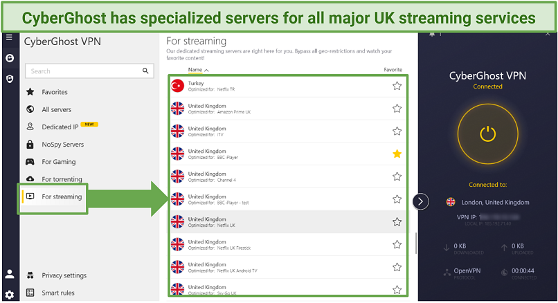 A snap of CyberGhost servers optimized for streaming UK content