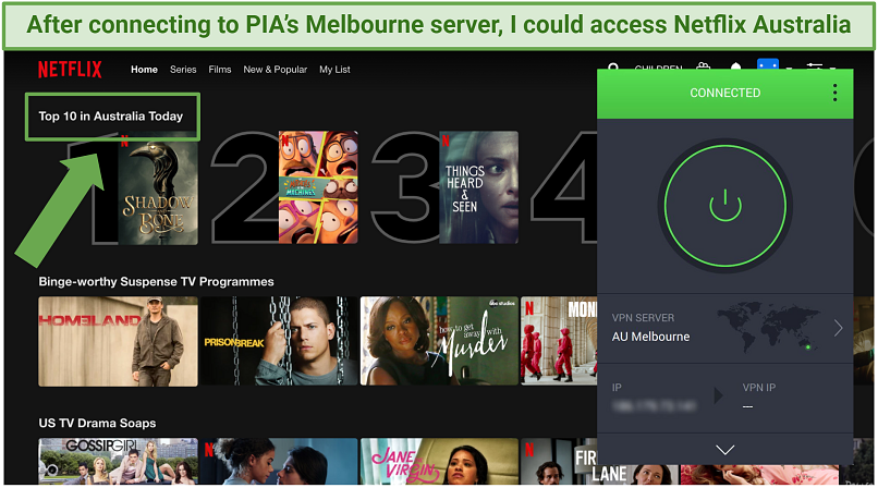 A screenshot showing the Netflix AU library while connected to PIA's Melbourne server