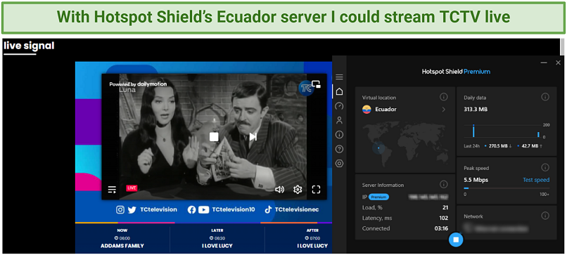 Screenshot showing Hotspot Shield connected to an Ecuador server with TC Televisión showing the Addams Family as part of its live programming