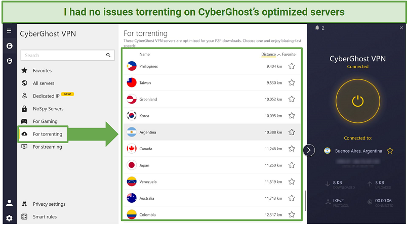 A screenshot showing CyberGhost's torrenting optimized servers