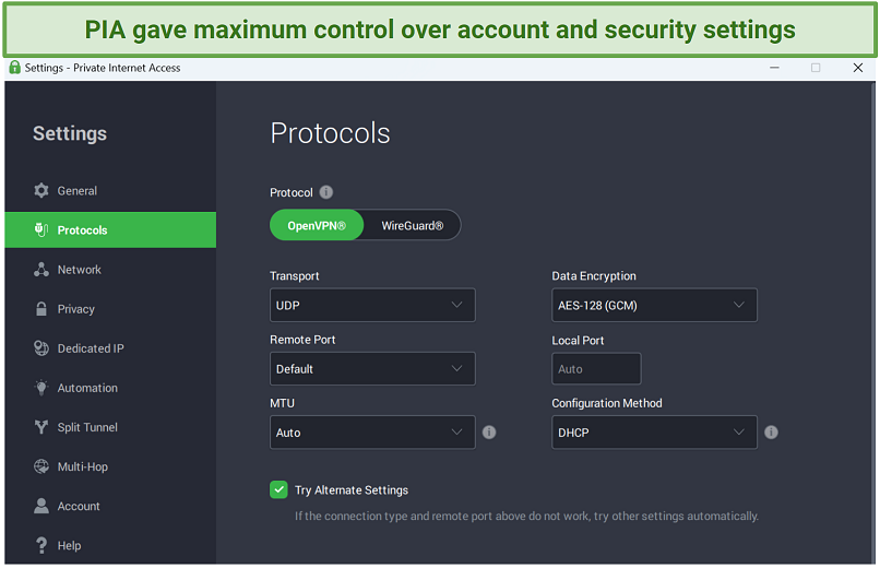 A screenshot of Private Internet Access's security settings that allow you to customize your VPN connection