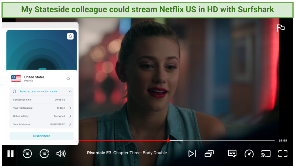 A screenshot showing Riverdale playing while connected to Surfshark's Phoenix, US server