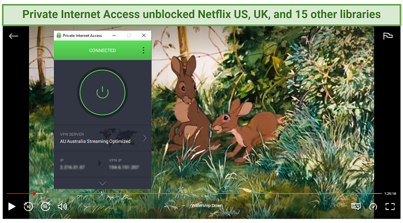 Screenshot of Private Internet Access connected to an Australian server. Behind this is a screenshot of Netflix playing, 'Watership Down'.