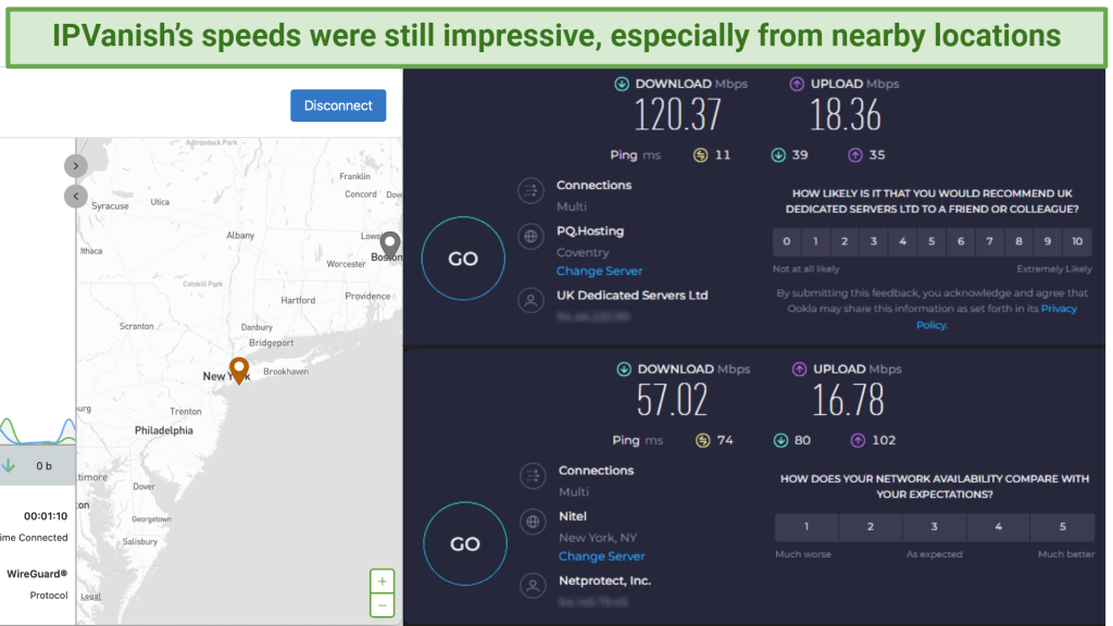 Screenshot showing a speed test with the IPVanish app connected to a server in New York