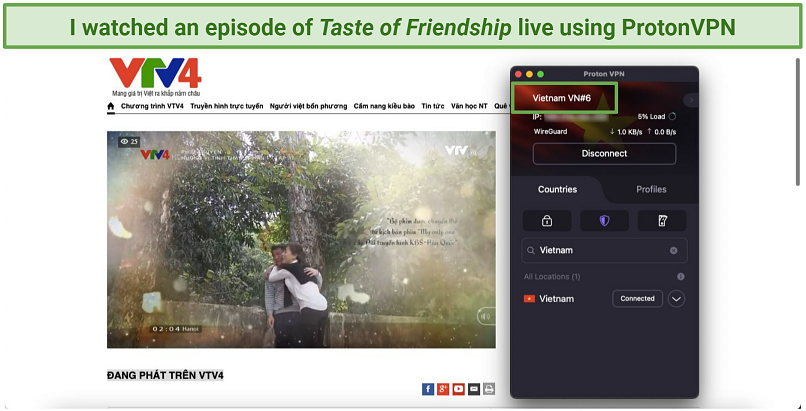 A screenshot of Taste of Friendship playing live on VTV4 while connected to Proton VPN's Vietnam server