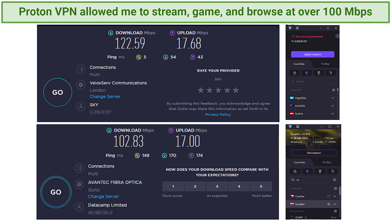 A screenshot showing my base speeds and the speeds after connecting to Proton VPN's Ecuador server