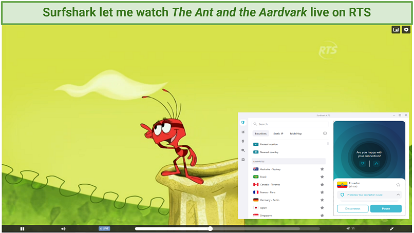 A screenshot showing The ANd and the Aardvark playing live on RTS while connected to Surfshark's Ecuador server