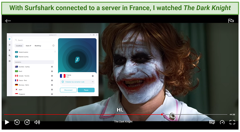 Screenshot of SurfShark connected to a French server. Behind this is a screenshot of Netflix playing, 'The Dark Knight'.