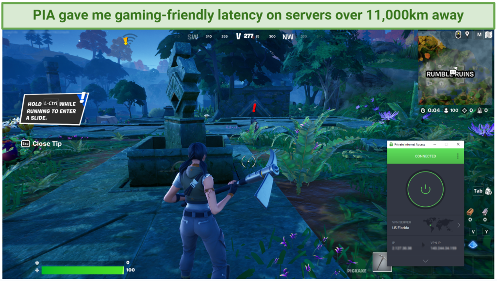 Screenshot of the PIA app connected to a server in Florida over a game of Fortnite