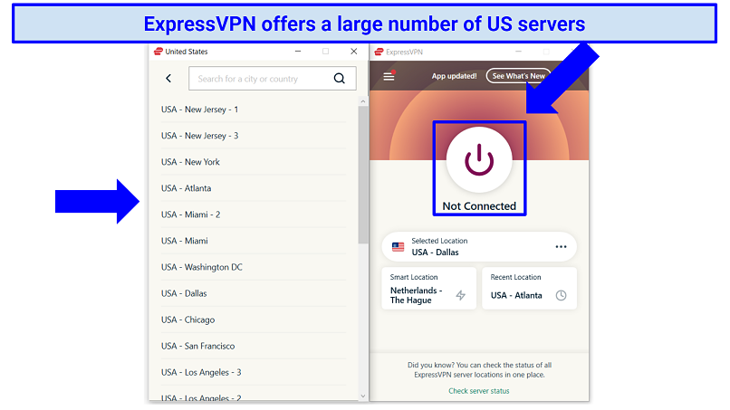 Screenshot of ExpressVPN's interface showing its US servers