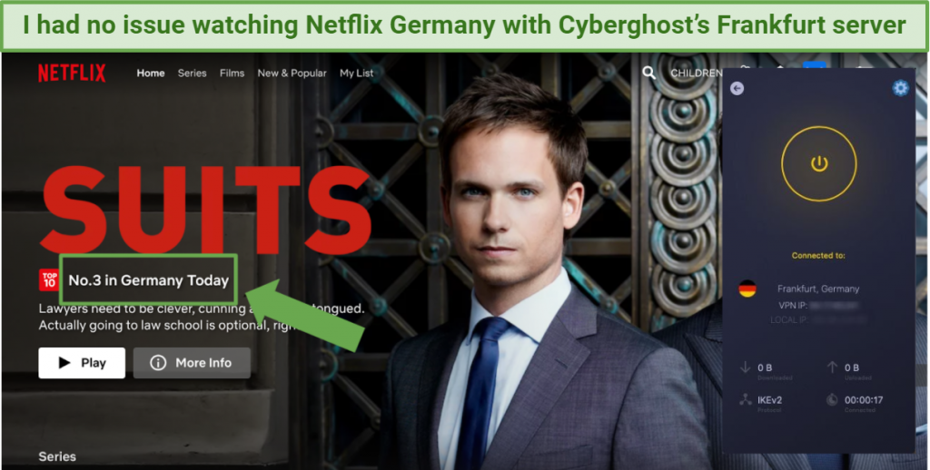 Screenshot showing Netflix Germany being accessed while connected to Cyberghost's Frankfurt server