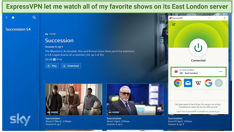 Screenshot of ExpressVPN East London server accessing the Sky Go app