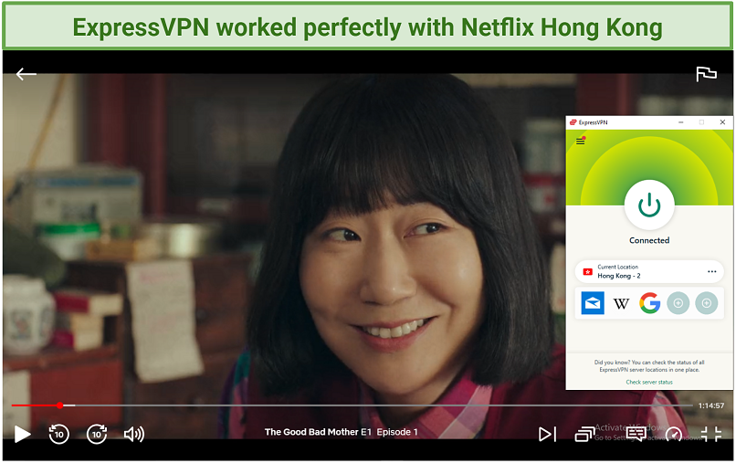 Screenshot of The Good Bad Mother playing on Netflix Hong Kong with ExpressVPN connected to the Hong Kong 2 server