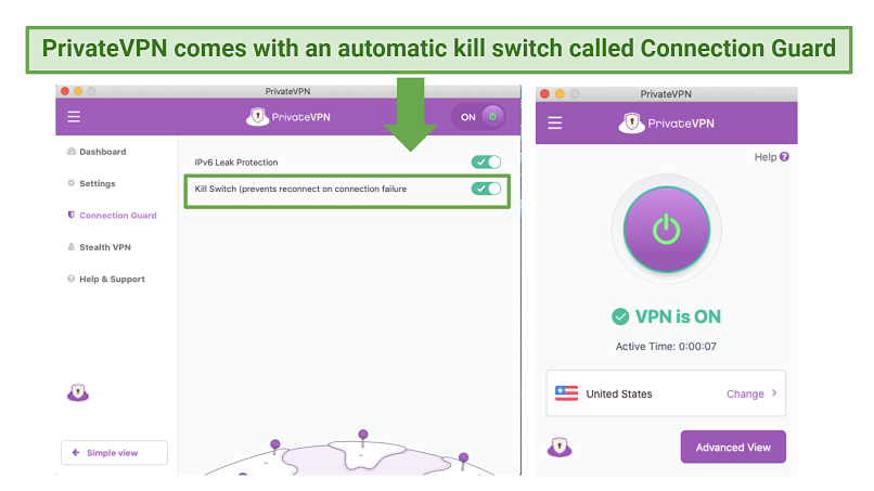 Screenshot of PrivateVPN's Connection Guard feature