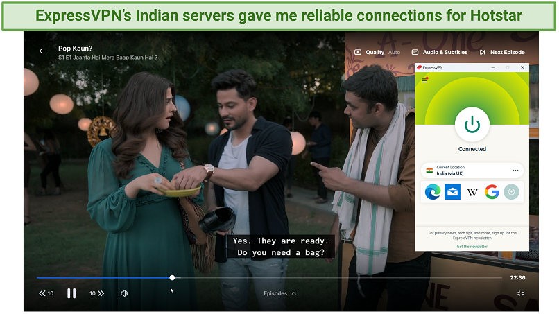 Screenshot of Pop Kaun streaming on Hotstar with ExpressVPN connected