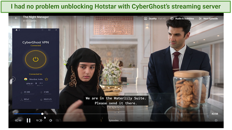 Screenshot of The Night Manager streaming on Hotstar with CG connected