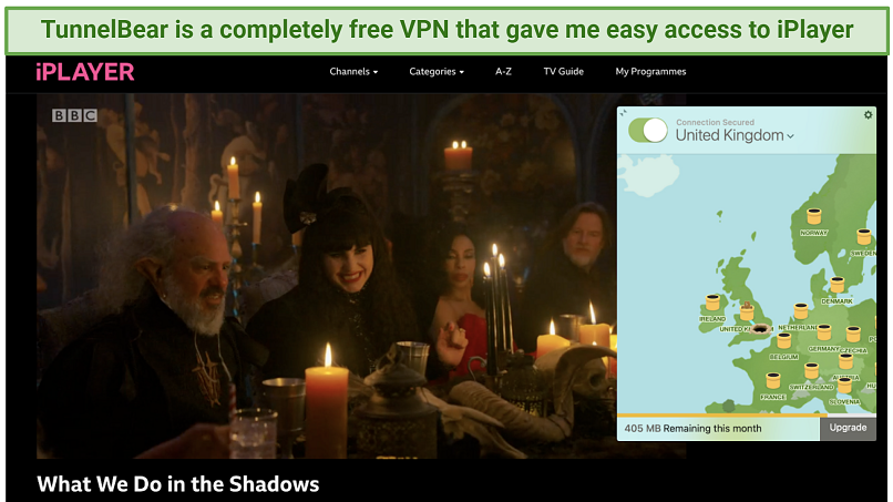 Screenshot of the TunnelBear app connected to United Kingdom over a streaming iPlayer