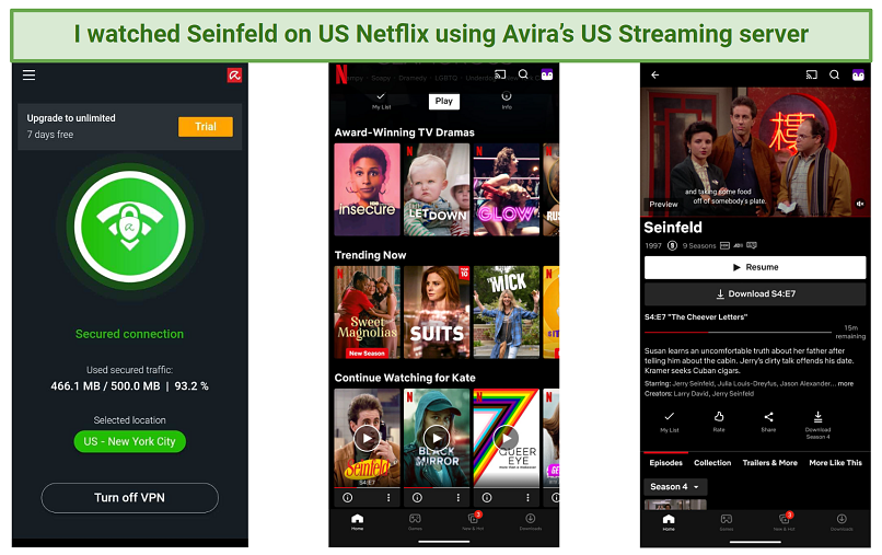 Screenshot showing Avira Phantom free VPN working to unblock Netflix US on Android