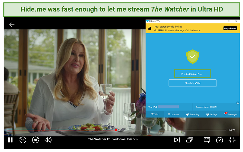 Screenshot of the free hideme app streaming The Watcher on Netflix