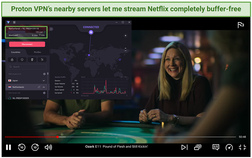 Screenshot of Proton VPN's free Netherlands server streaming Ozark on Netflix