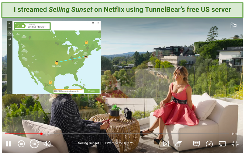 Screenshot of TunnelBear streaming Selling Sunset on its free US server