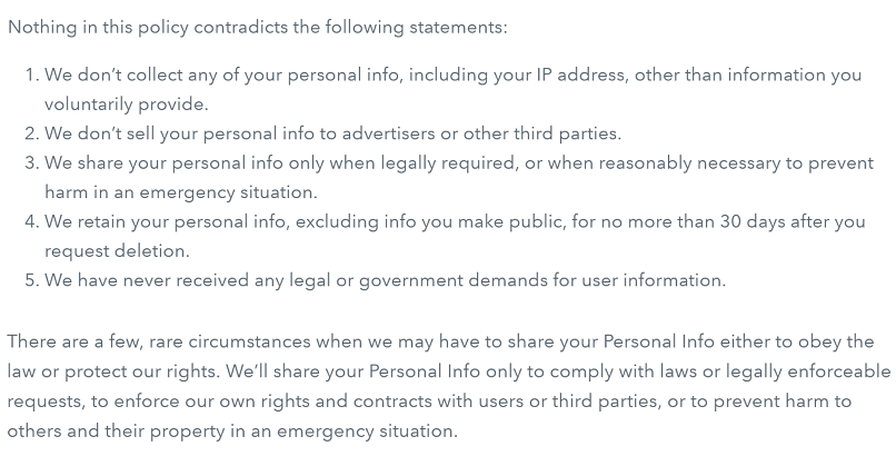 A screenshot of Disconnect VPN's privacy policy