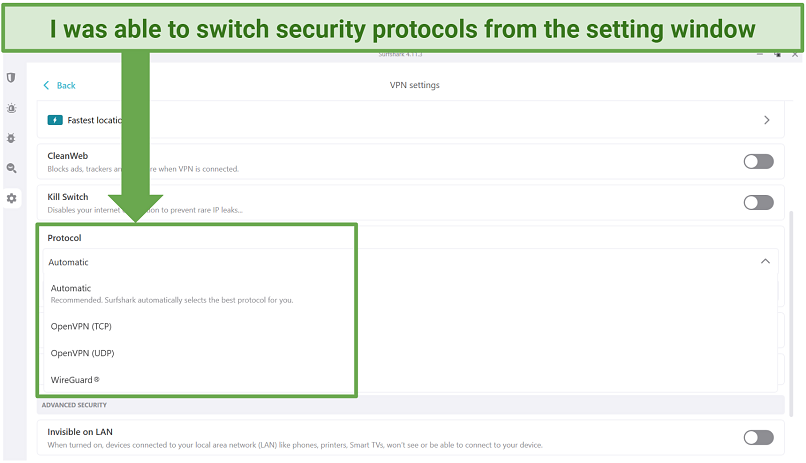 A screenshot showing Surfshark's security protocols and other security features