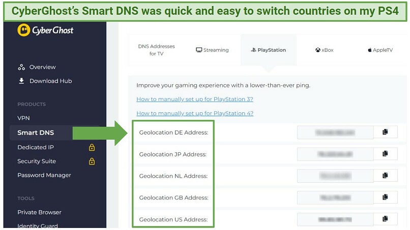 Screenshot of CyberGhost's PlayStation Smart DNS locations