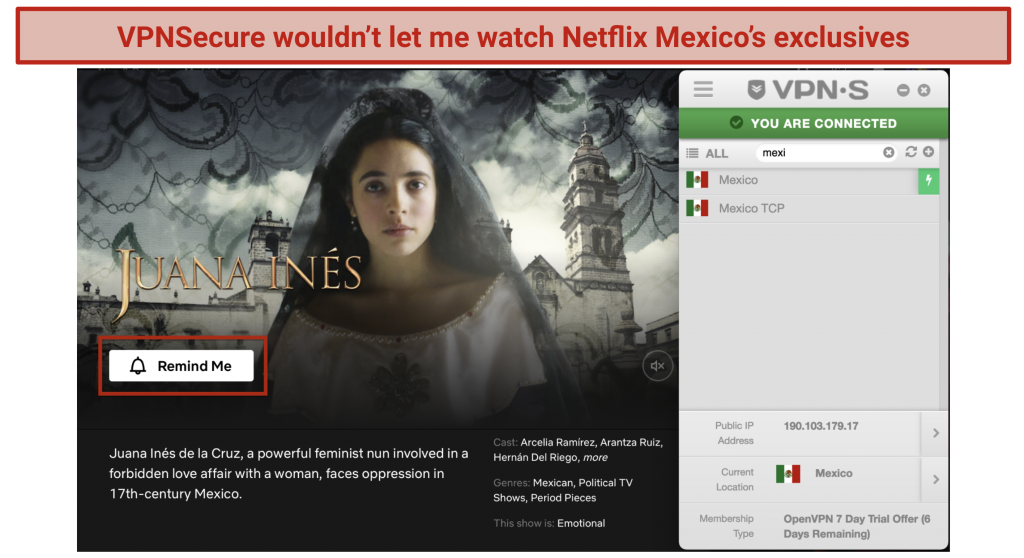 Alt text: Screenshot of an error message while trying to stream a Netflix Mexico's exclusive movie using VPNSecure's Mexico server