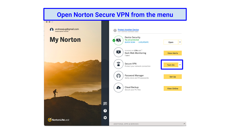 กราฟิกแสดงเมนู Norton Secure