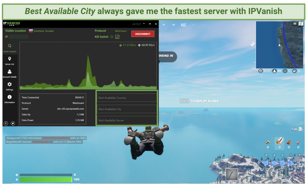 Screenshot of a game of Fortnite with a connected IPVanish app