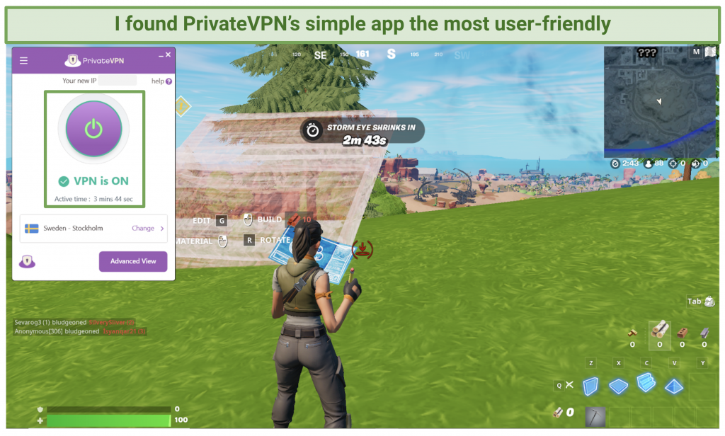 Screenshot of a game of Fortnite with a connected PrivateVPN app