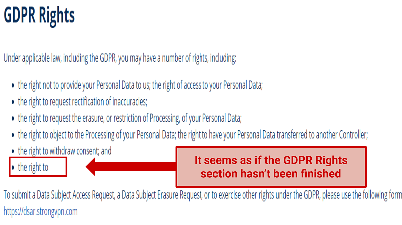 StrongVPN&rsquo;nin GDPR Hakları ile ilgili gizlilik politikasından ekran görüntüsü