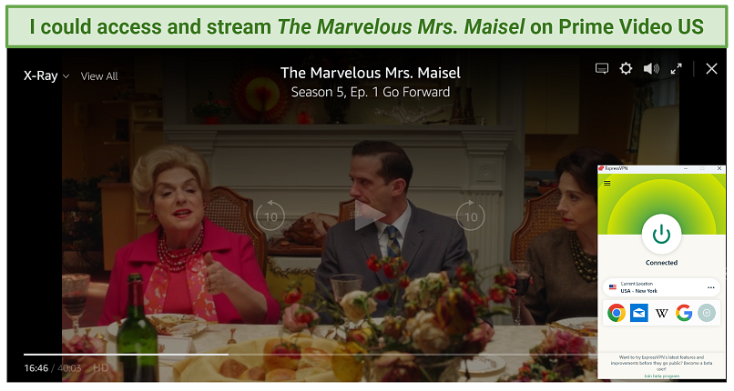 A screenshot showing ExpressVPN unblocking US Prime Video with its server in New York