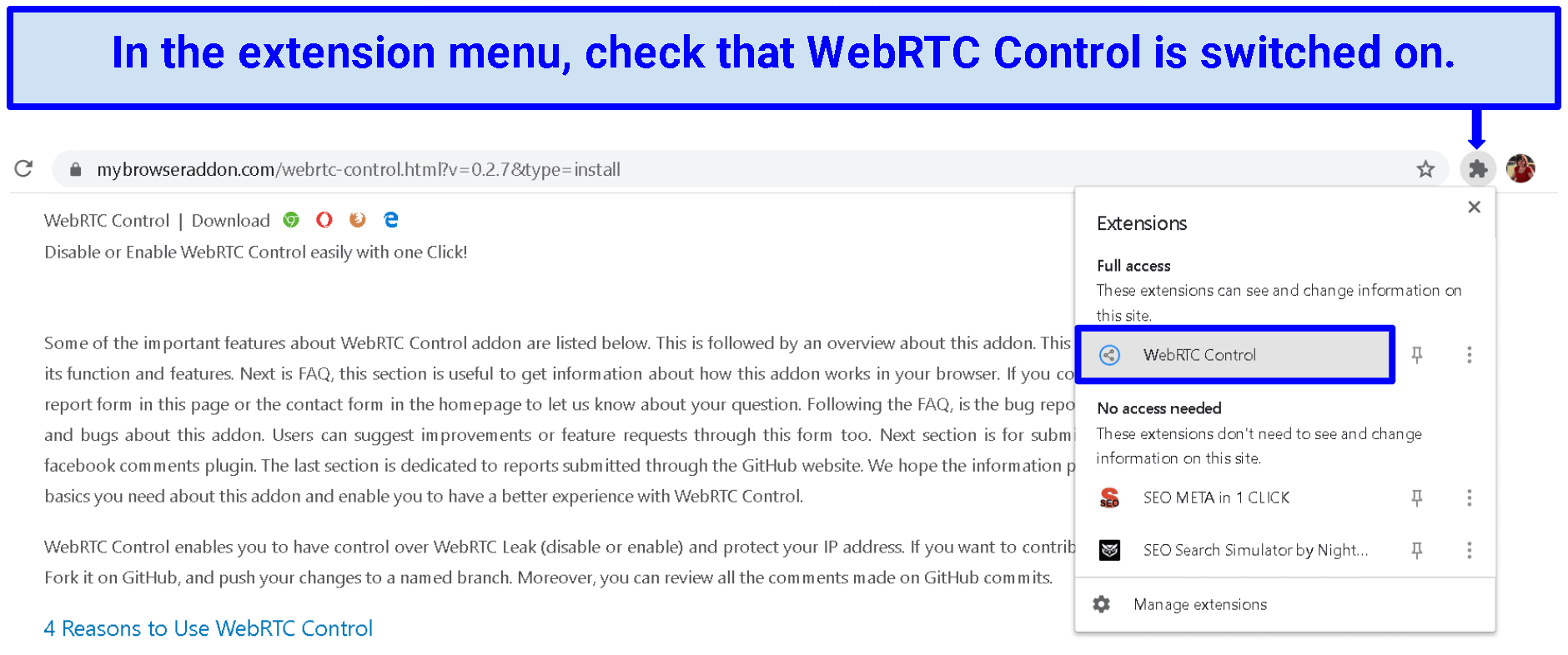 A screenshot of the Chrome extension menu that shows WebRTC is working.