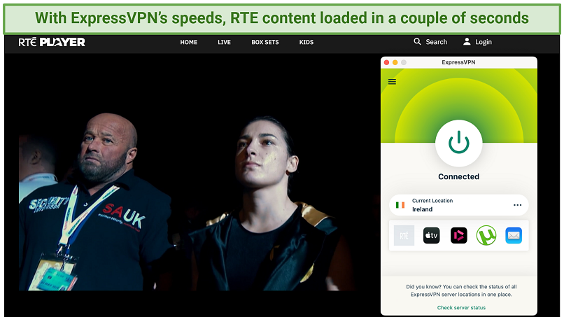 Screenshot of the ExpressVPN app connected to a server in Ireland over a browser streaming on RTÉ