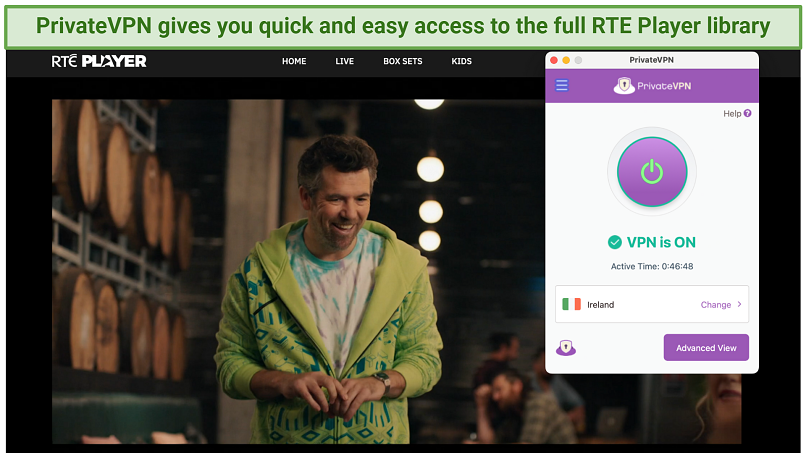 Screenshot showing the PrivateVPN app connected to a server in Ireland over a browser streaming content on the RTÉ Player