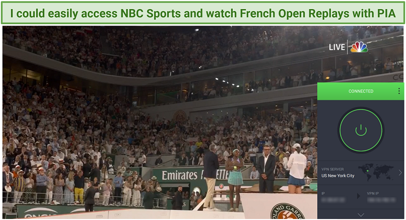 An image of PIA unblocking the French Open using a New York server to access NBC sport