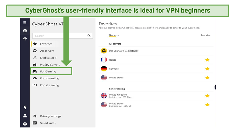 Screenshot showing CyberGhost's VPN app interface