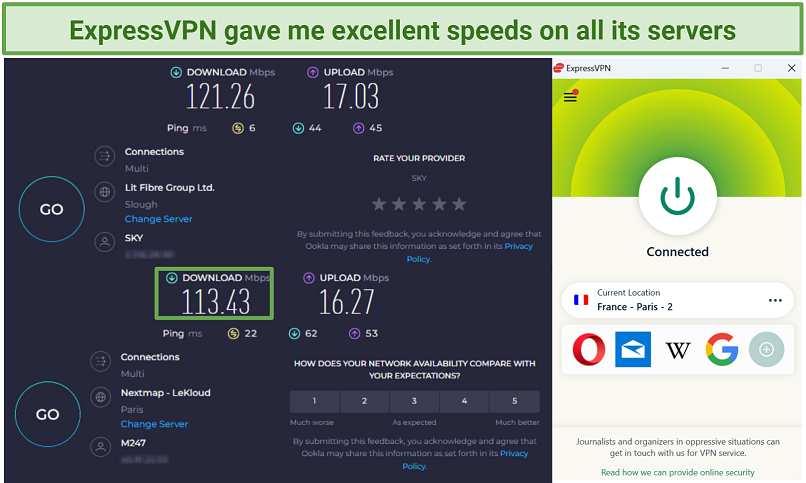 A snapshot of ExpressVPN speed test results while connected to a server in France