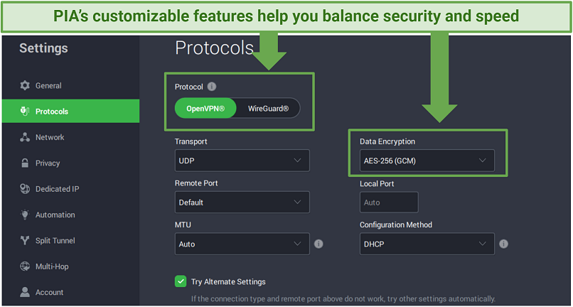 A screenshot showing PIA lets you customize your connection for torrenting